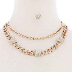 GOLD CHAIN NECKLACE SET BUTTERFLIES CLEAR STONES